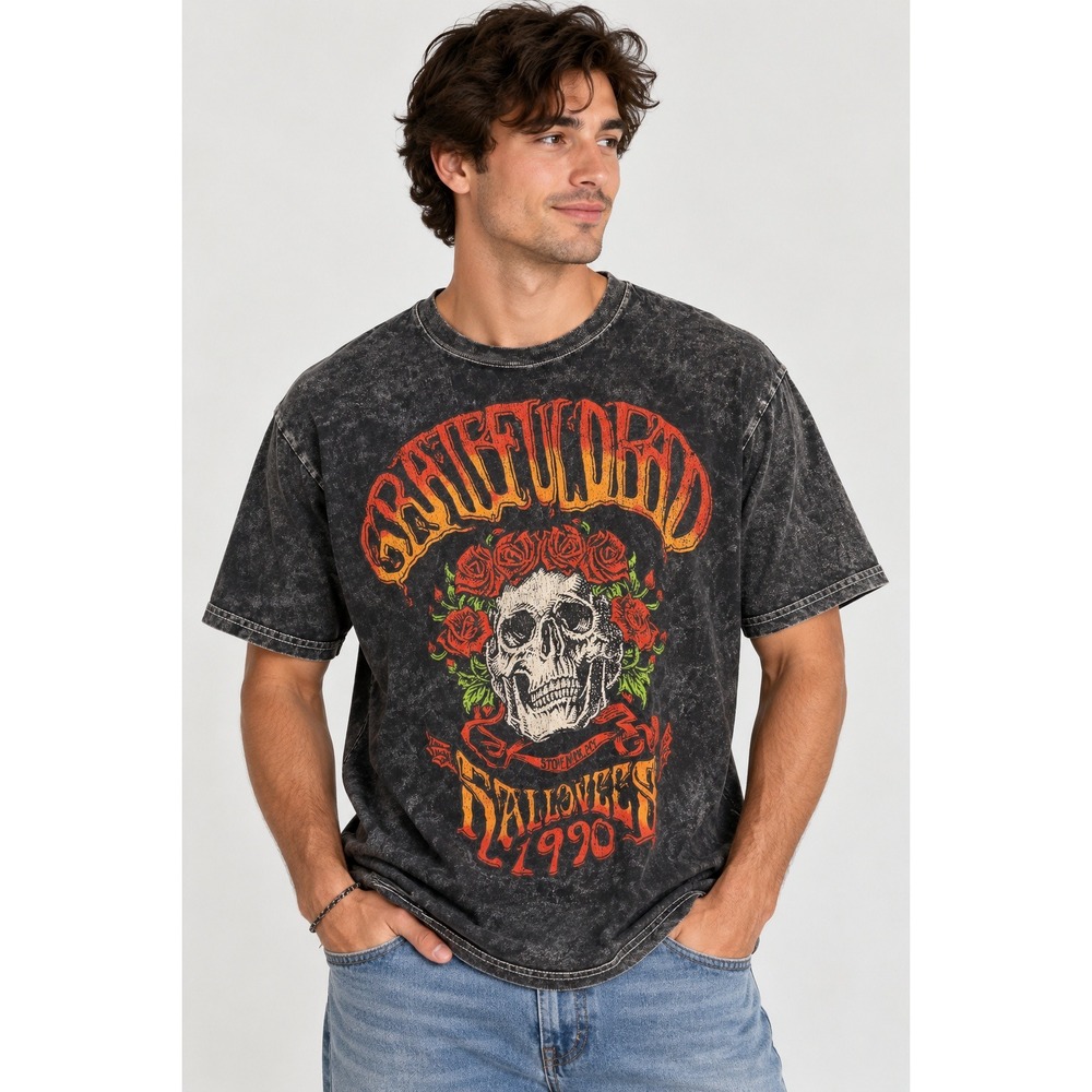 Grateful Dead T-Shirt Mens Large Acid Wash Halloween 1970 Skull Roses Band Tee